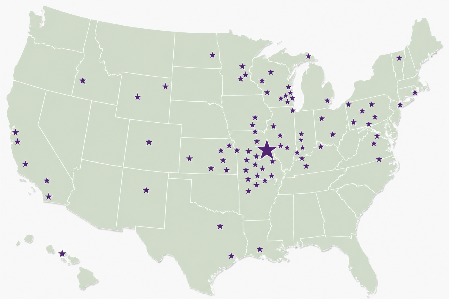 Map of the United States with stars marking client locations in 26 states, from Vermont to Hawaii