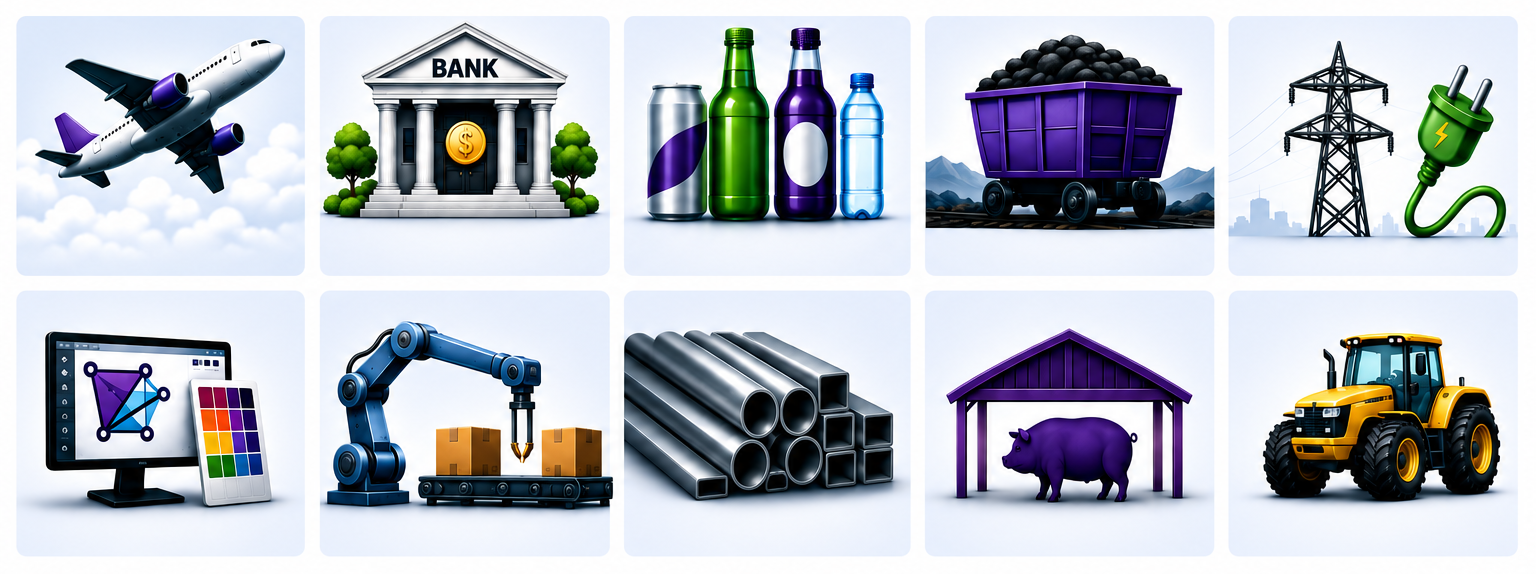 Illustrations of ten industries served: aviation, banking, beverage, mining, utilities, technology, manufacturing, steel, warehousing and agriculture